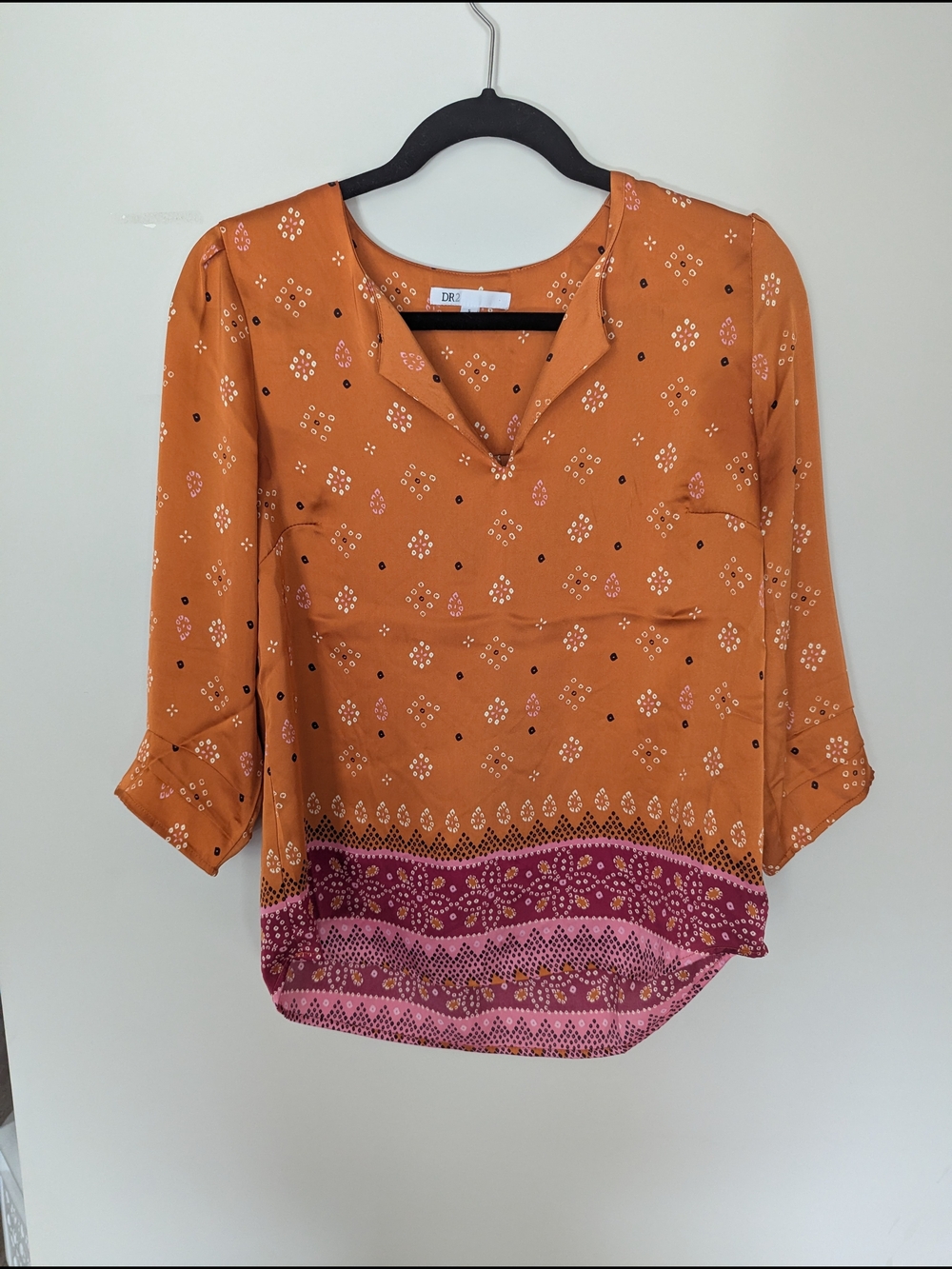 DR2 Rust Orange Printed Henley Blouse with Pink Border